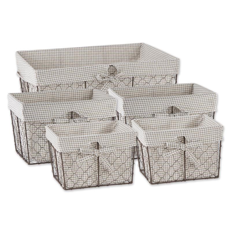 Rustic Bronze Chicken Wire Stone and White Check Cotton Liner Basket (Set of 5)