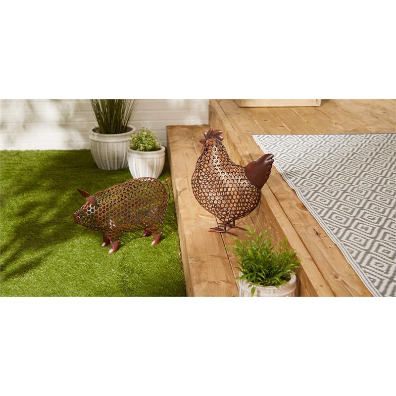 Brown Iron Chicken Wire Pig Sculpture 13.5x5.5x15.25