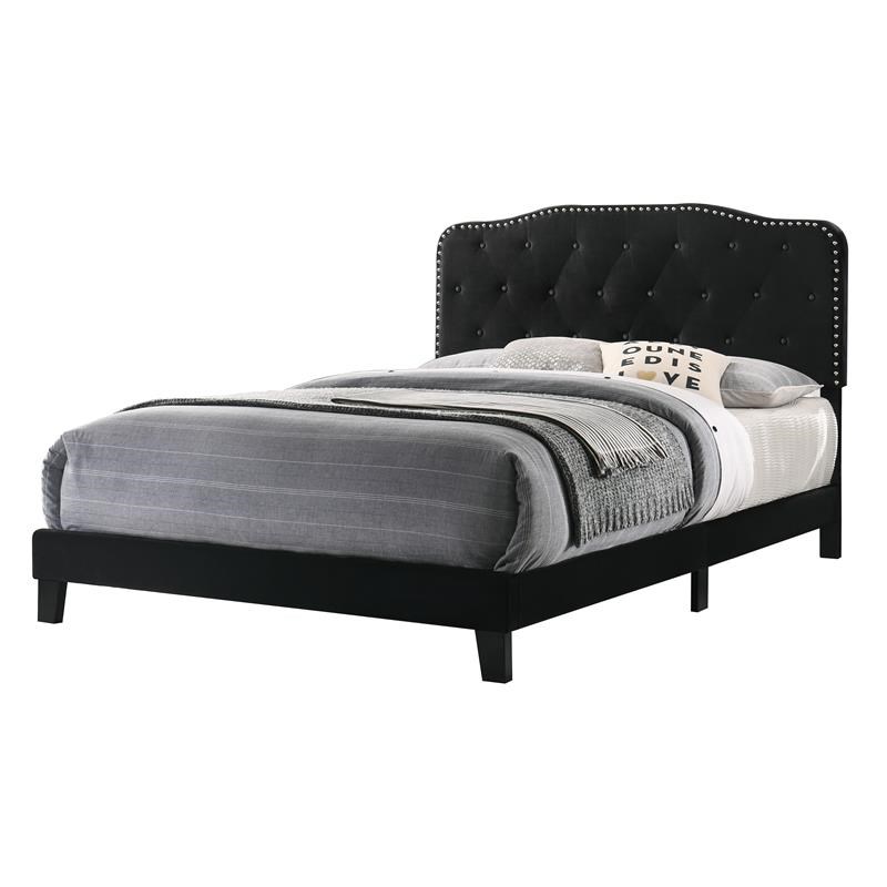 Black Velvet Upholstered Panel Bed with Silver Nailhead - Queen