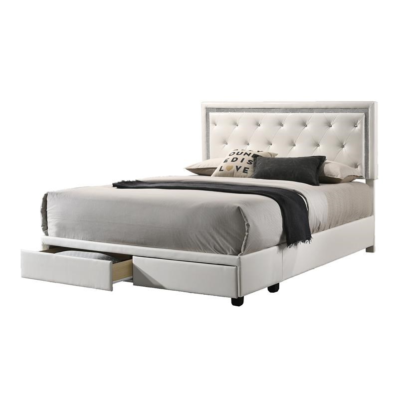 White Faux Leather Storage Platform Bed with Faux Crystals in Queen