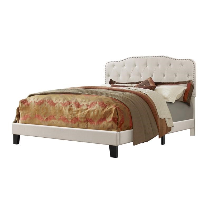 Tufted Fog-Beige Linen Headboard and Panel Bed Frame in Queen