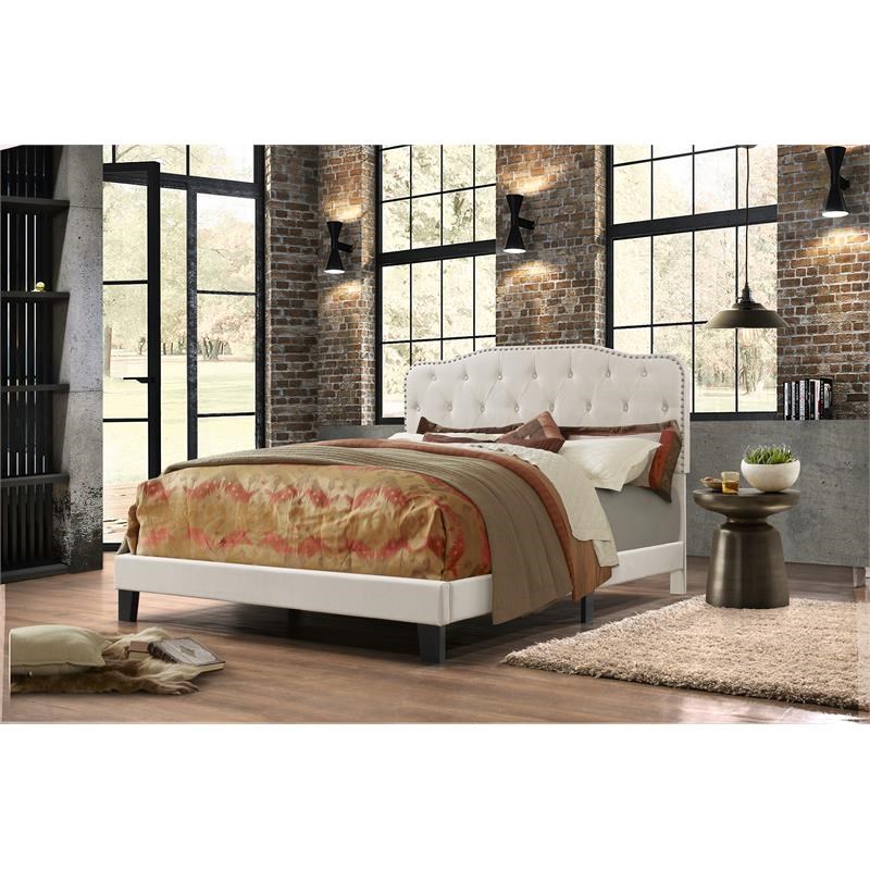 Tufted Fog-Beige Linen Headboard and Panel Bed Frame in Queen