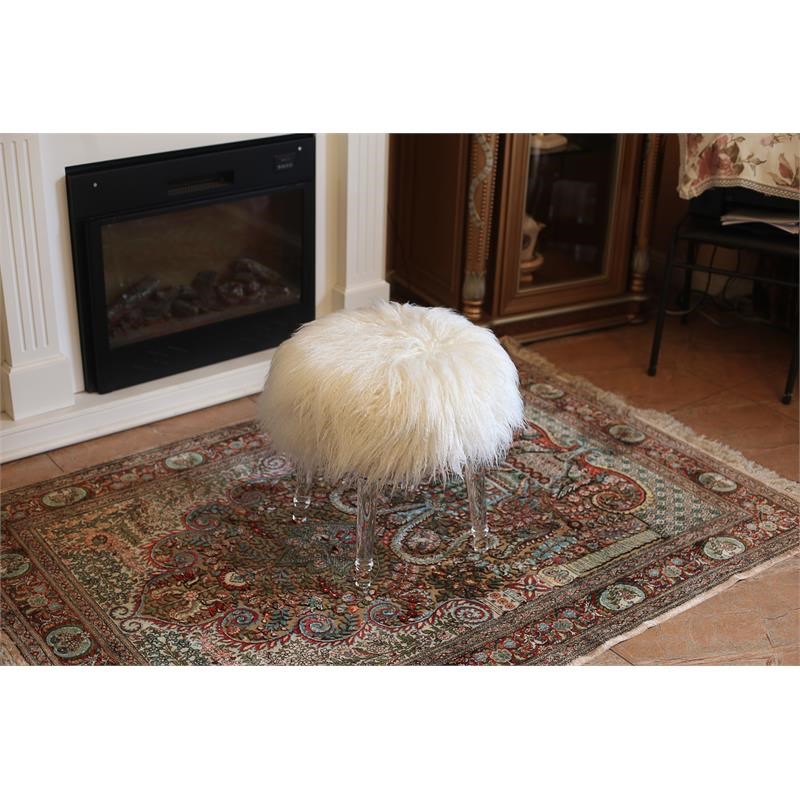 Vanity Ottoman with Faux White Fur and Clear Acrylic legs