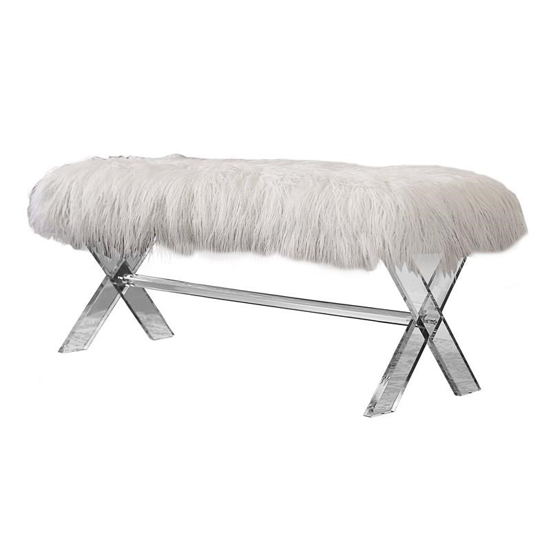 Vanity Bench with White Faux Fur and Crossed Clear Acrylic Legs