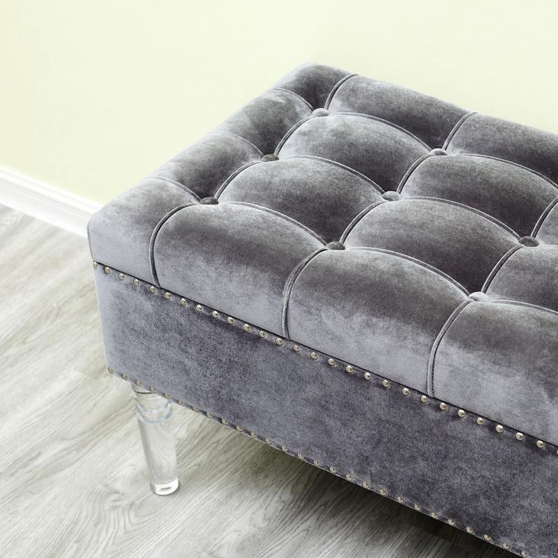 Velvet Tufted Storage Ottoman in Dark Gray with Clear Acrylic Legs
