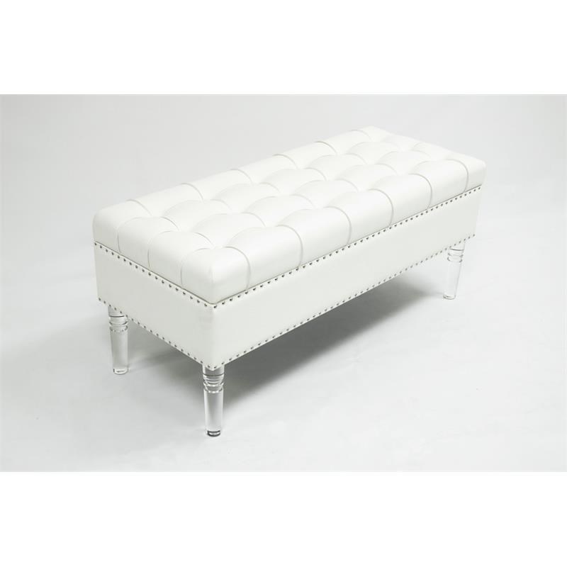 White Faux Leather Tufted Storage Ottoman with Clear Acrylic Legs