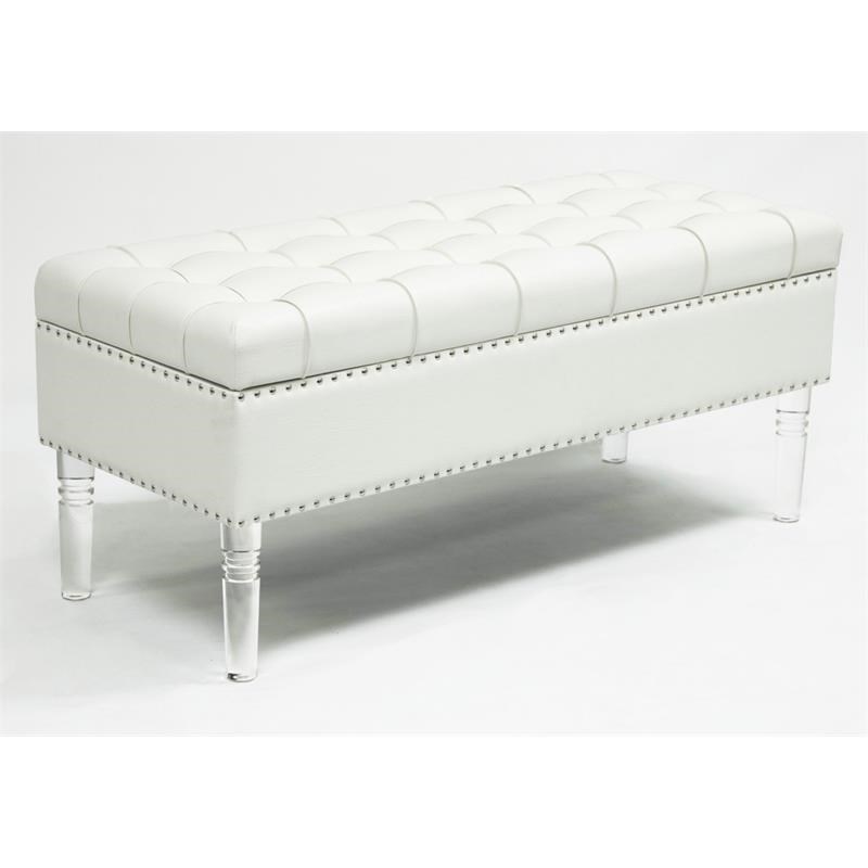 White Faux Leather Tufted Storage Ottoman with Clear Acrylic Legs