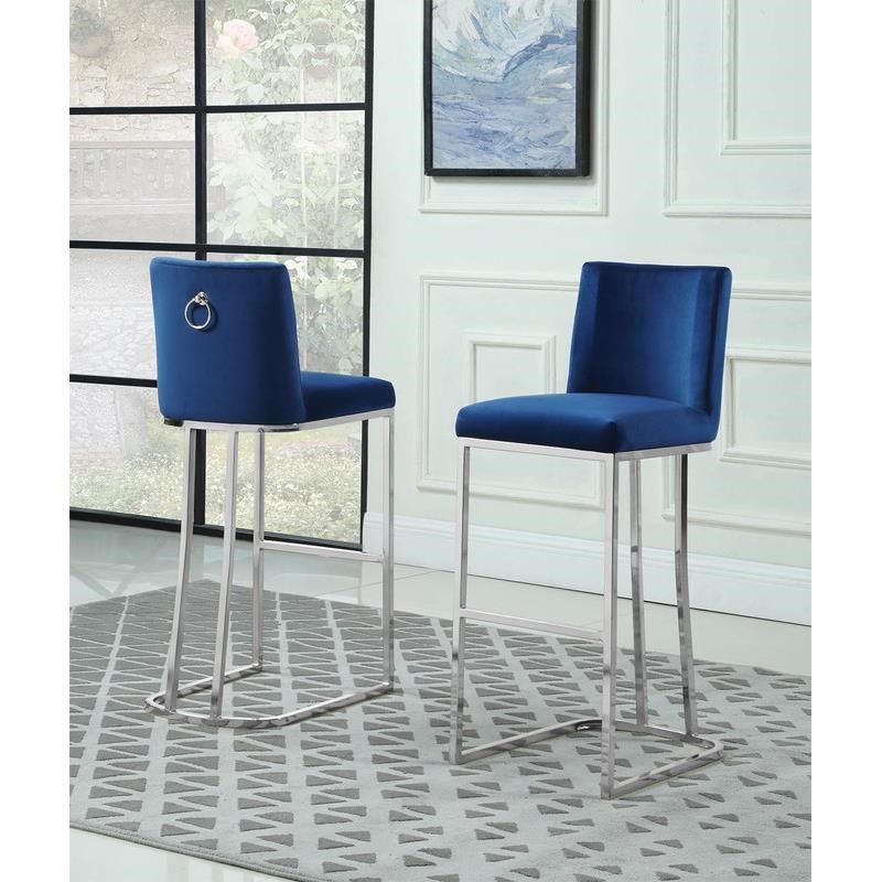 Double Minimalistic Navy Blue Velvet Bar Stools with Chrome Legs and Back Handle