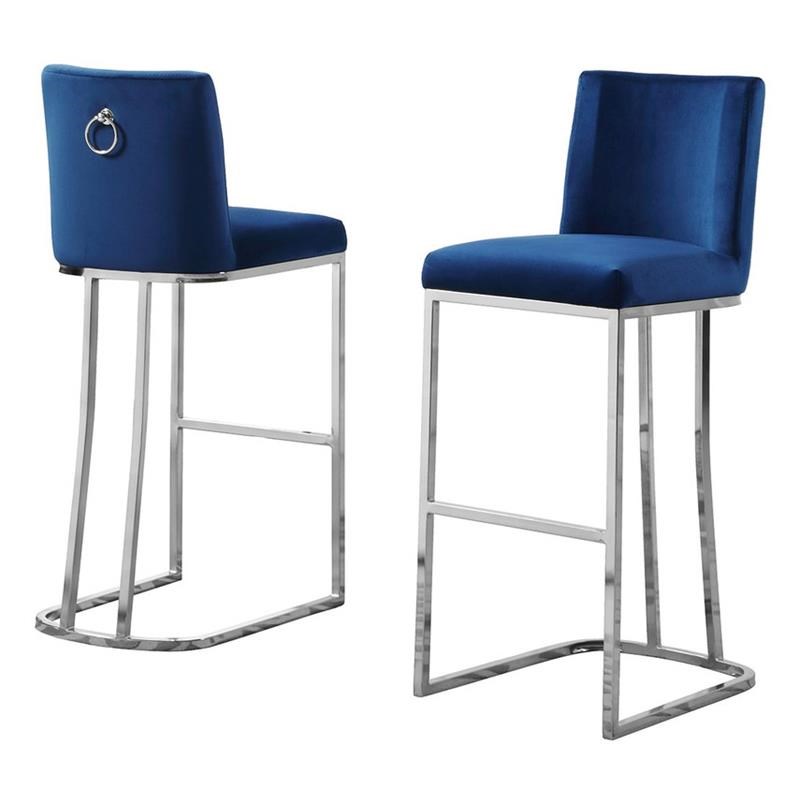 Double Minimalistic Navy Blue Velvet Bar Stools with Chrome Legs and Back Handle