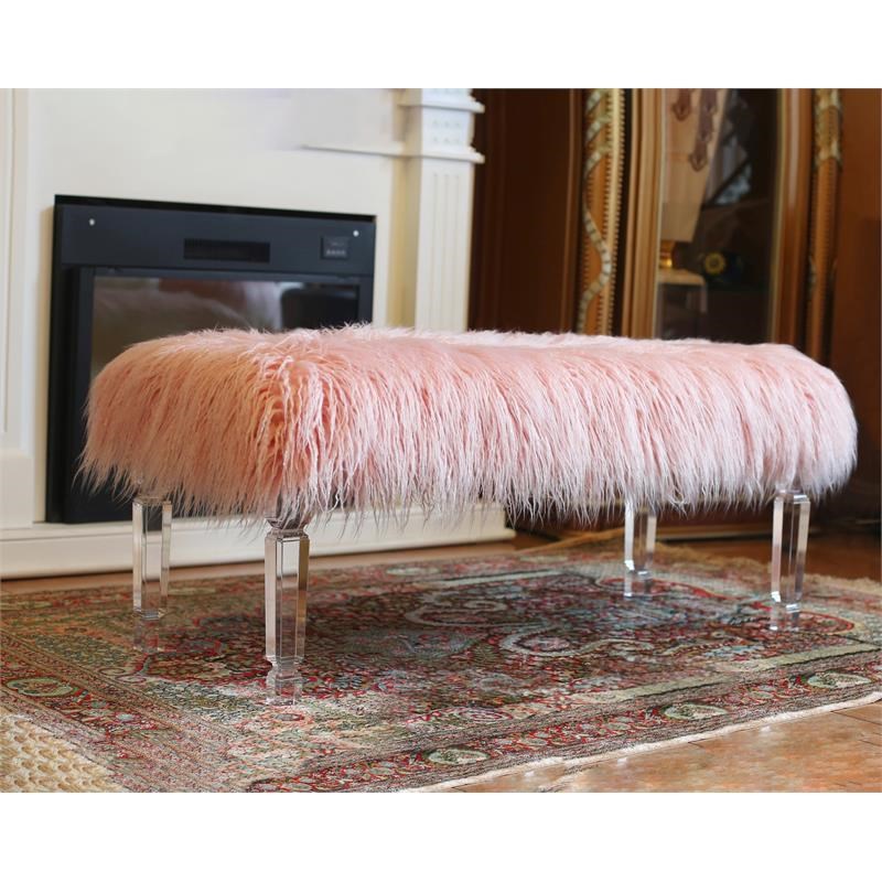 Vanity Bench with Pink Faux Fur and Clear Acrylic Legs