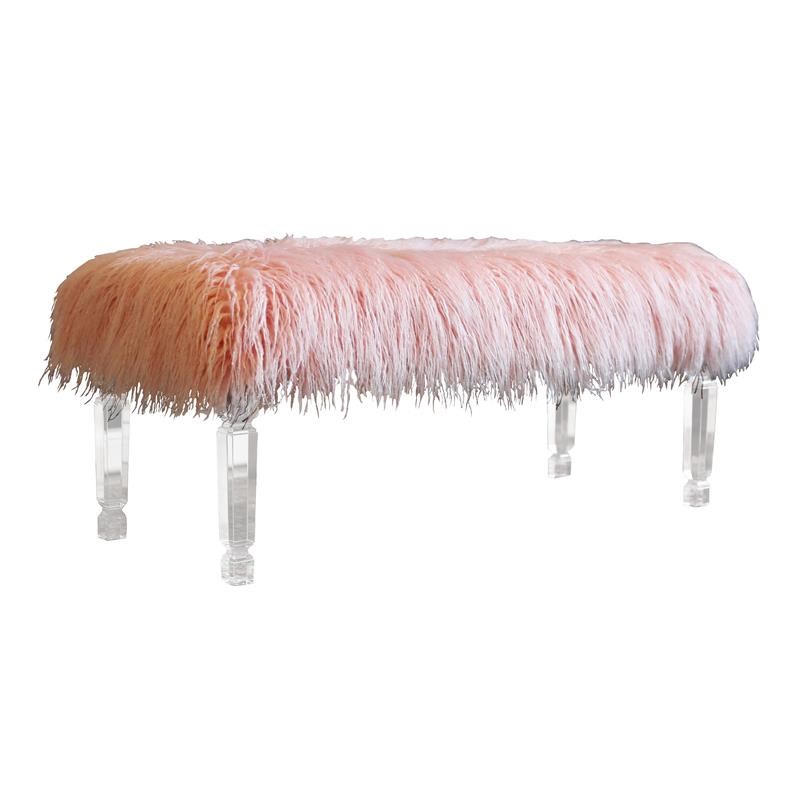 Vanity Bench with Pink Faux Fur and Clear Acrylic Legs