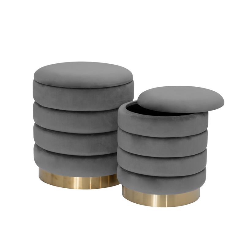 Gray Velvet Round Storage Ottoman with Gold Chrome Base (Set of 2)