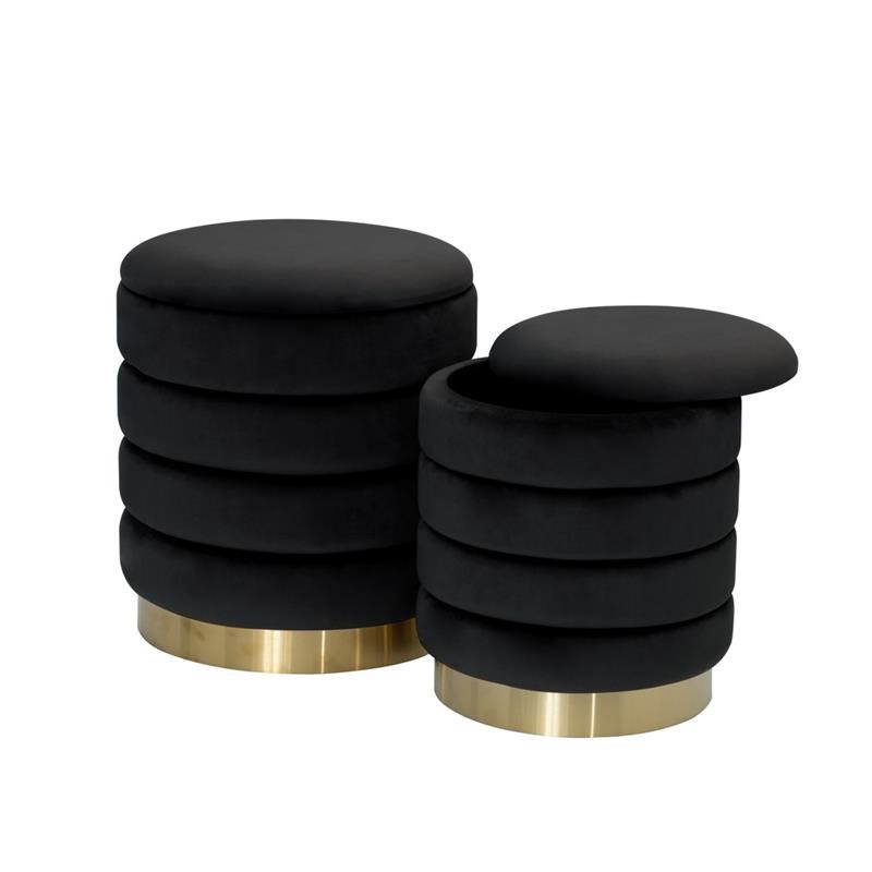 Black Velvet Round Storage Ottoman with Gold Chrome Base (Set of 2)