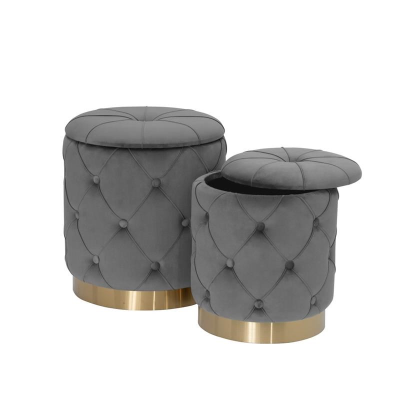 Quilted Gray Velvet Storage Ottoman with Gold Chrome Base (Set of 2)