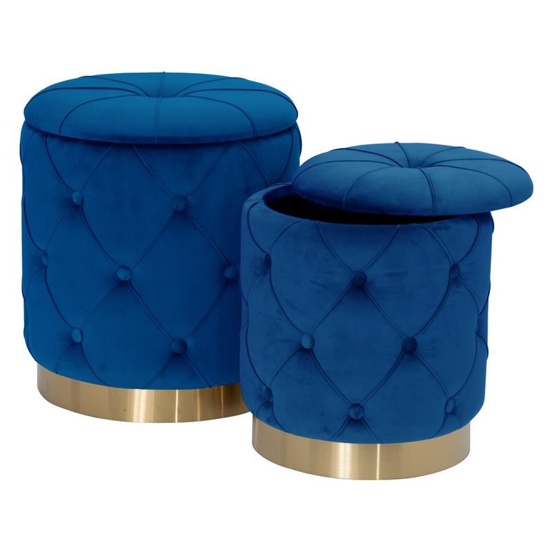 Quilted Navy Blue Velvet Storage Ottoman with Gold Chrome Base (Set of 2)