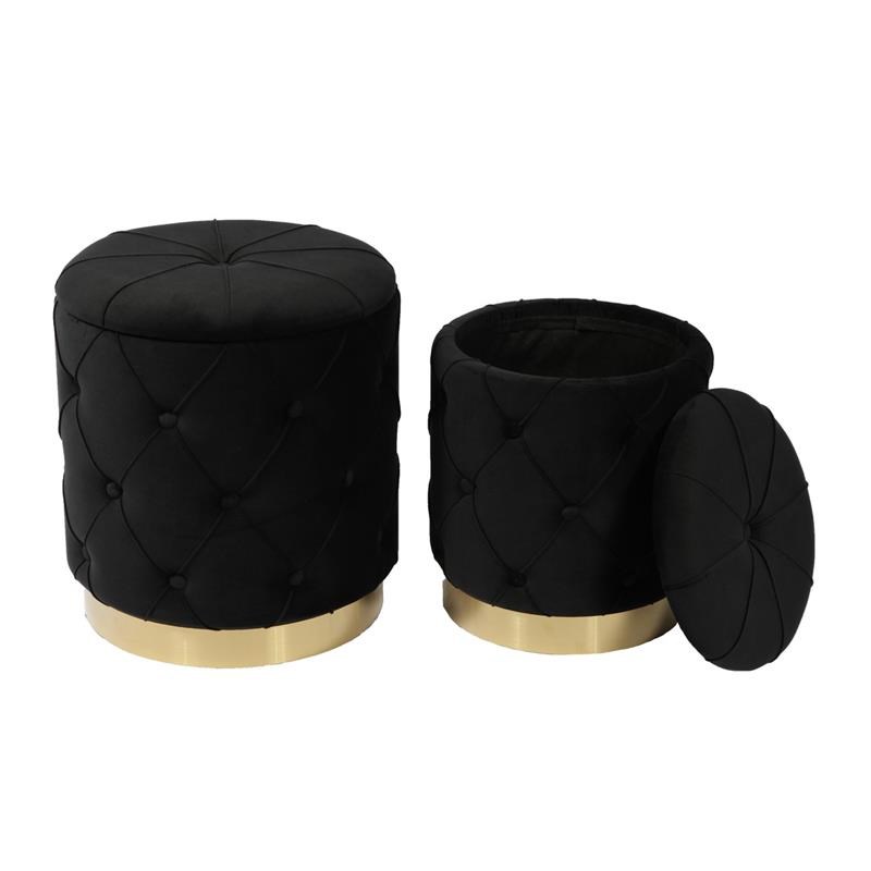 Quilted Black Velvet Storage Ottoman with Gold Chrome Base (Set of 2)