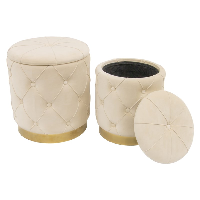 Quilted Beige Velvet Storage Ottoman with Gold Chrome Base (Set of 2)
