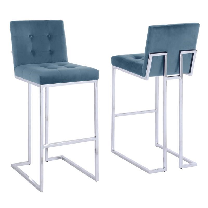 Barstools with Tufted Seats in Teal Blue Velvet and Chrome Legs (Set of 2)