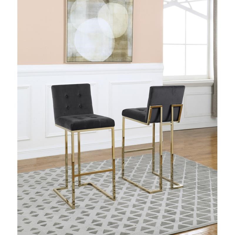 Barstools with Tufted Seats in Black Velvet and Gold Chrome Legs (Set of 2)