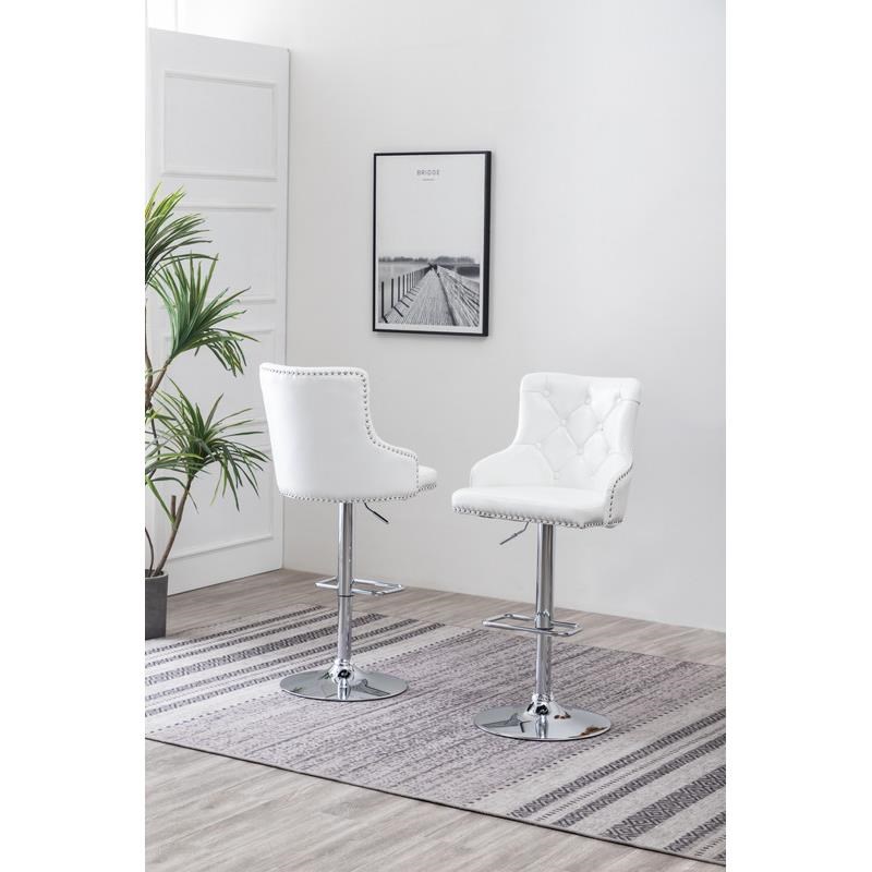 Adjustable Bar Stools with White Faux Leather and Tufted Seats (Set of 2)