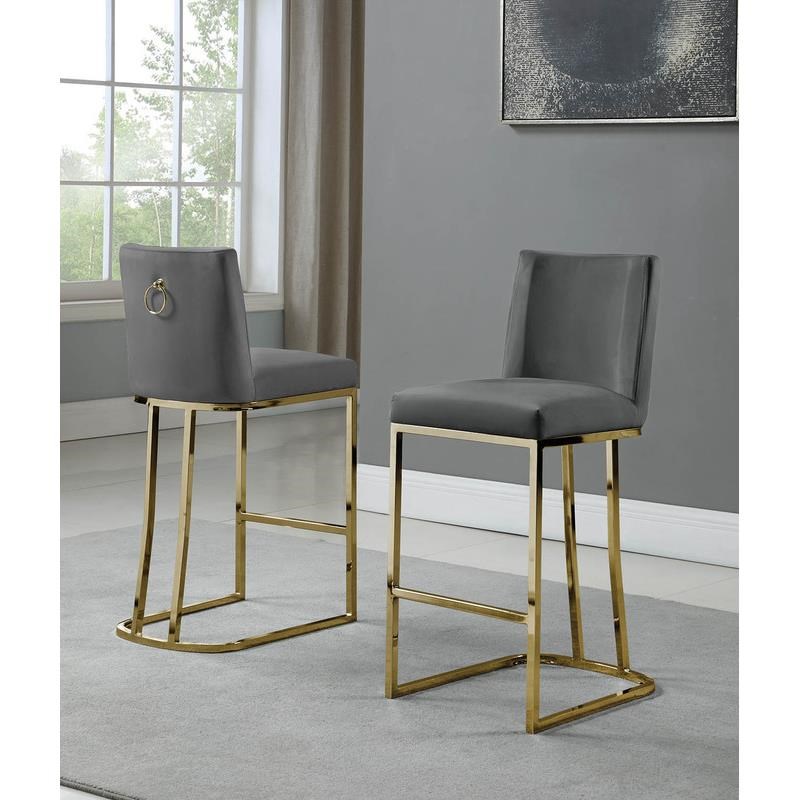 Velvet Counter Height Chairs in Dark Gray Velvet and Gold Chrome (Set of 2)