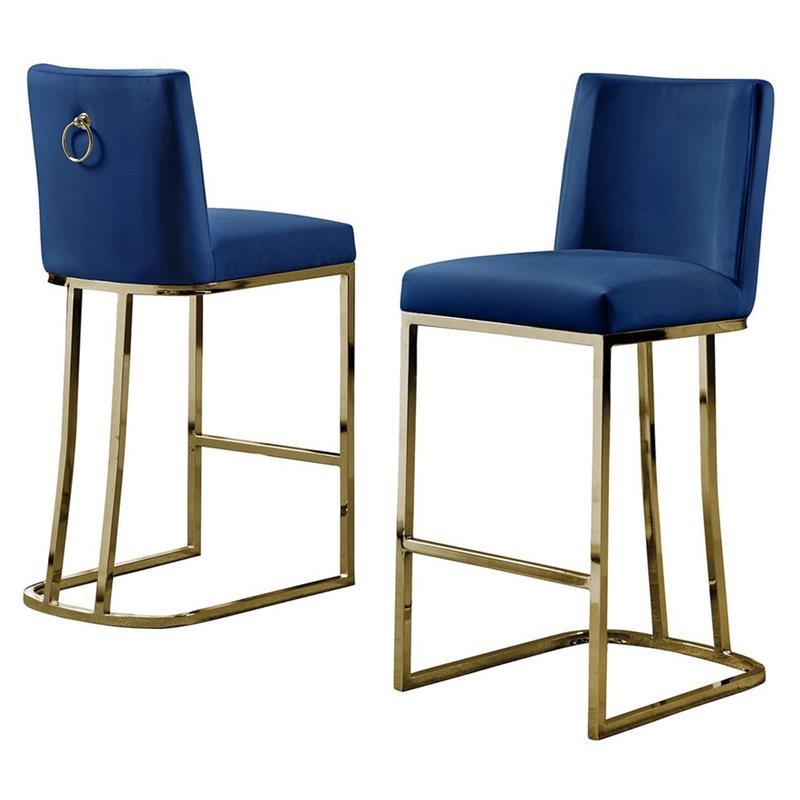 Velvet Counter Height Chairs in Navy Blue Velvet and Gold Chrome (Set of 2)