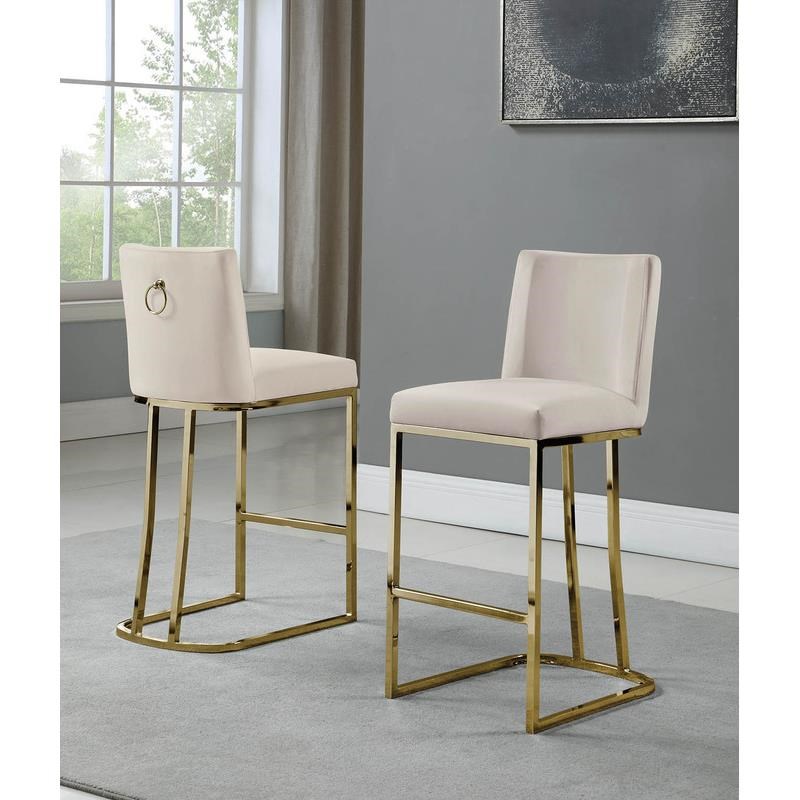 Velvet Counter Height Chairs in Beige Velvet and Gold Chrome (Set of 2