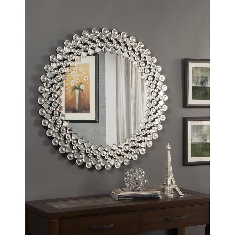 Elegant Clear Round Wall Mirror with Silver Crystal Borders