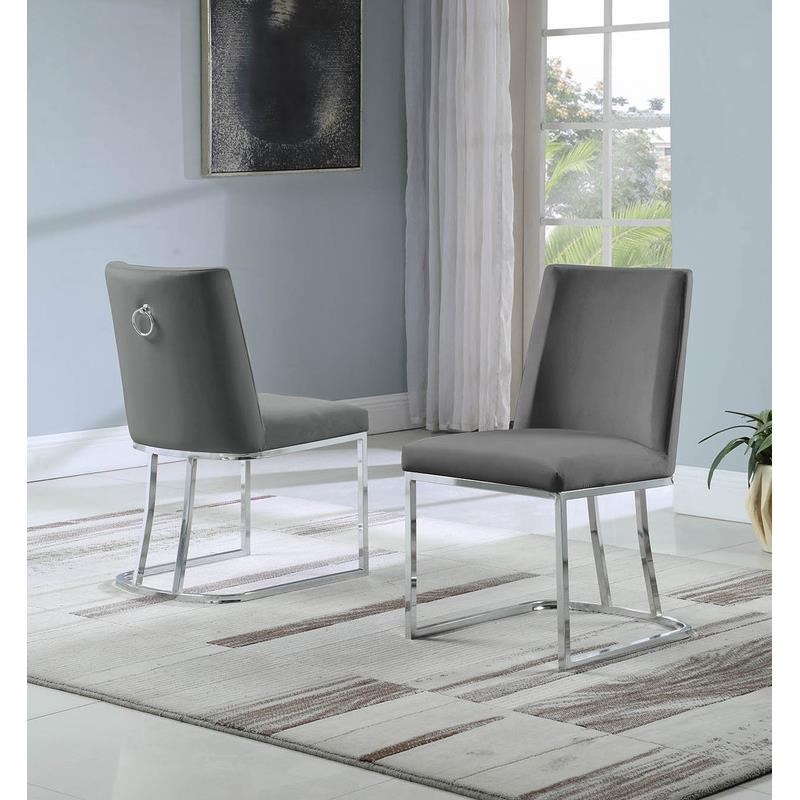 Double Minimalistic Dark Gray Velvet Side Chairs with Chrome Legs
