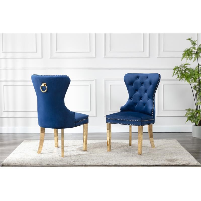 Double Tufted Navy Blue Velvet Side Chairs with Gold Stainless Steel Legs