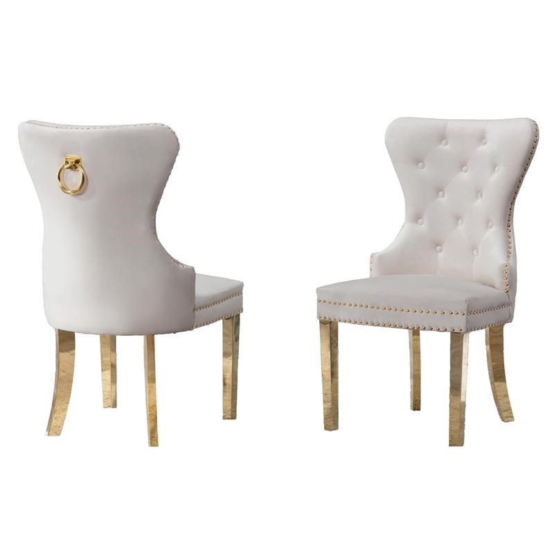 Double Tufted Cream Velvet Side Chairs with Gold Stainless Steel Legs