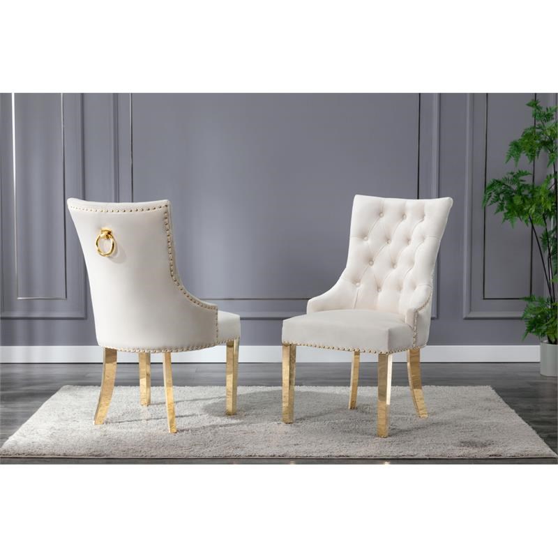Double Tufted Cream Velvet Side Chairs with Gold Stainless Steel Legs