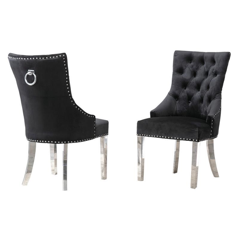 Double Tufted Black Velvet Side Chairs with Silver Stainless Steel Legs