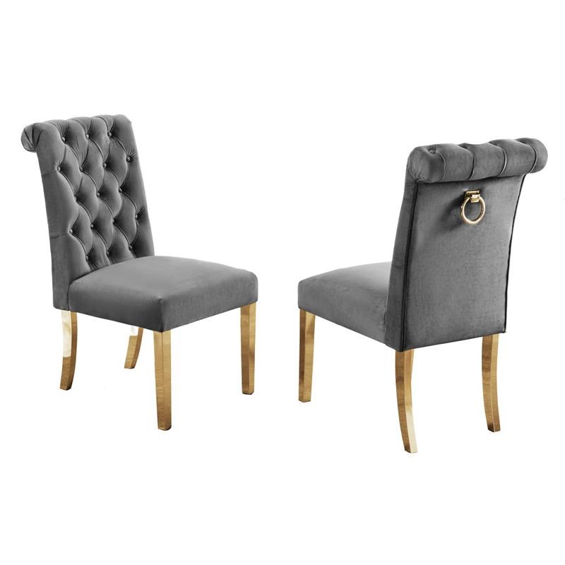 Minimal Tufted Gray Velvet Side Chairs with Gold Stainless Steel (Set of 2)