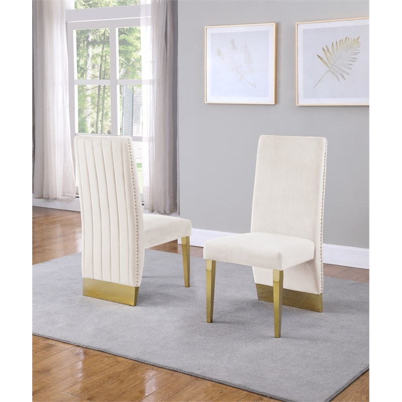 Cream Tufted Velvet Accent Side Chairs with Gold Chrome Detailing (Set of 2)