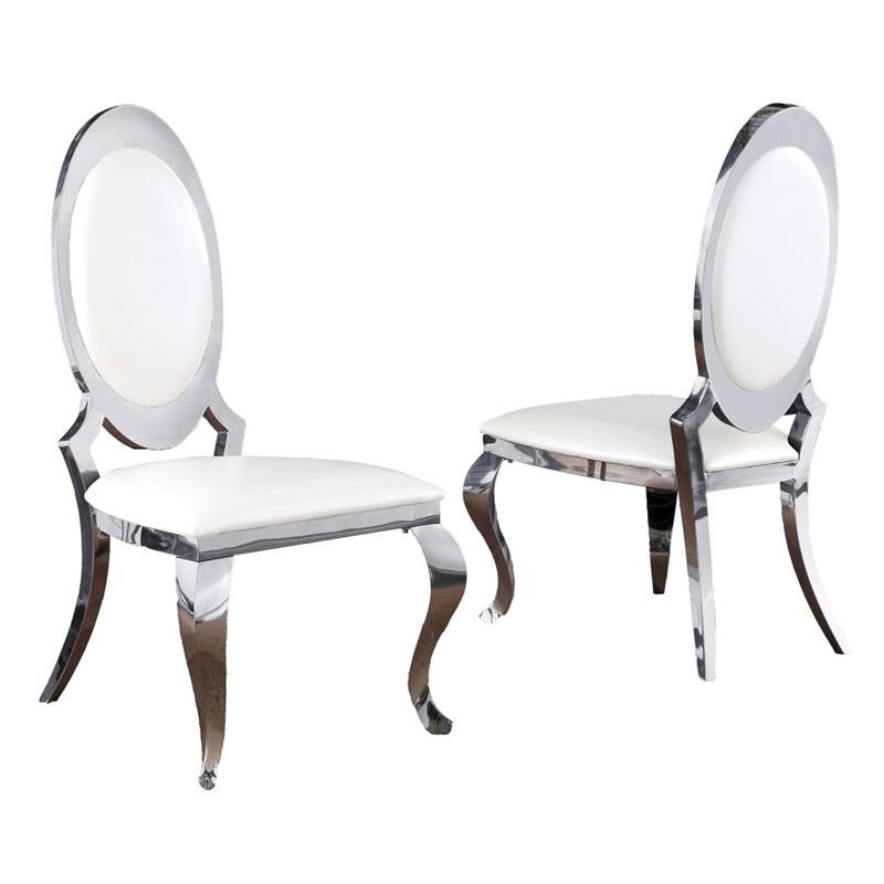 Classy Round Back White Faux Leather Side Chairs with Silver Legs (Set of 2)