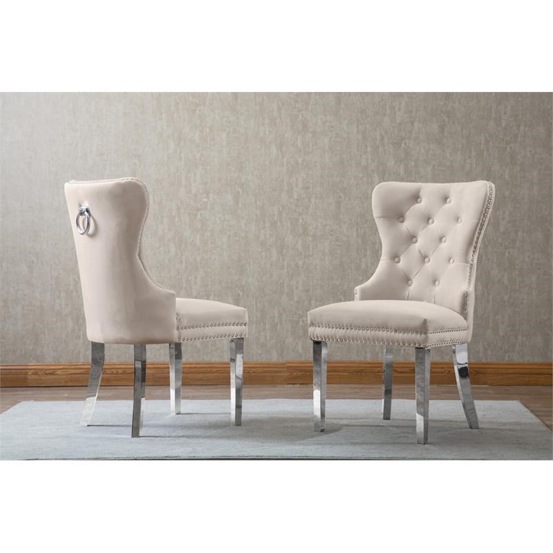 Tufted Cream Velvet Side Chairs with Silver Stainless Steel (Set of 2)