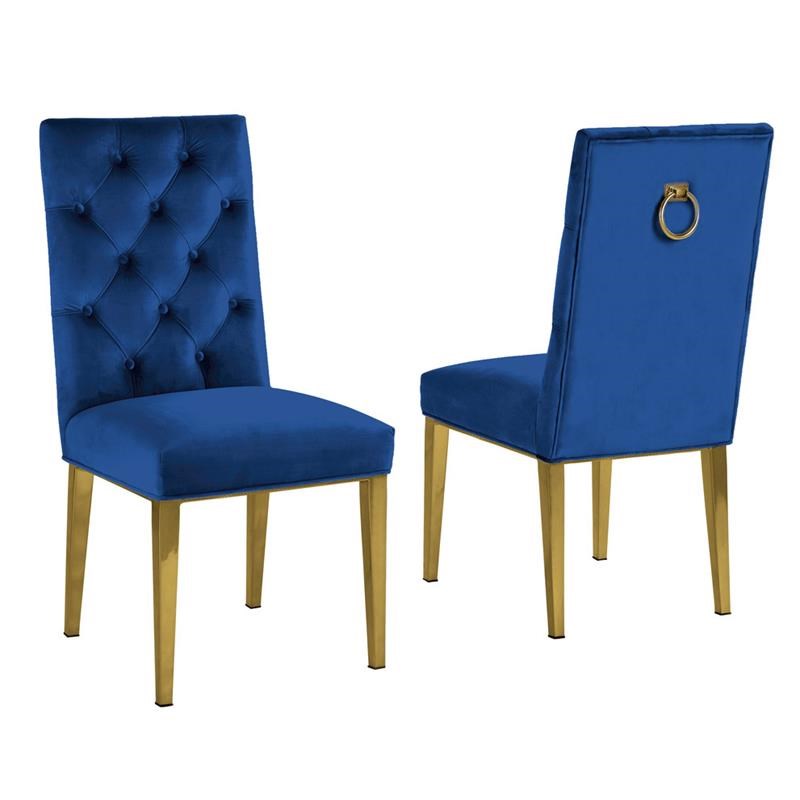 Velvet Tufted Side Chairs in Navy Blue with Gold Chrome Legs (Set of 2)
