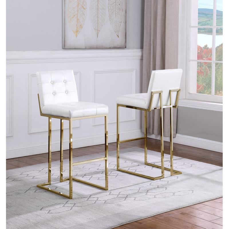 Barstools with Tufted Seats in White Faux Leather and Gold Chrome (Set of 2)