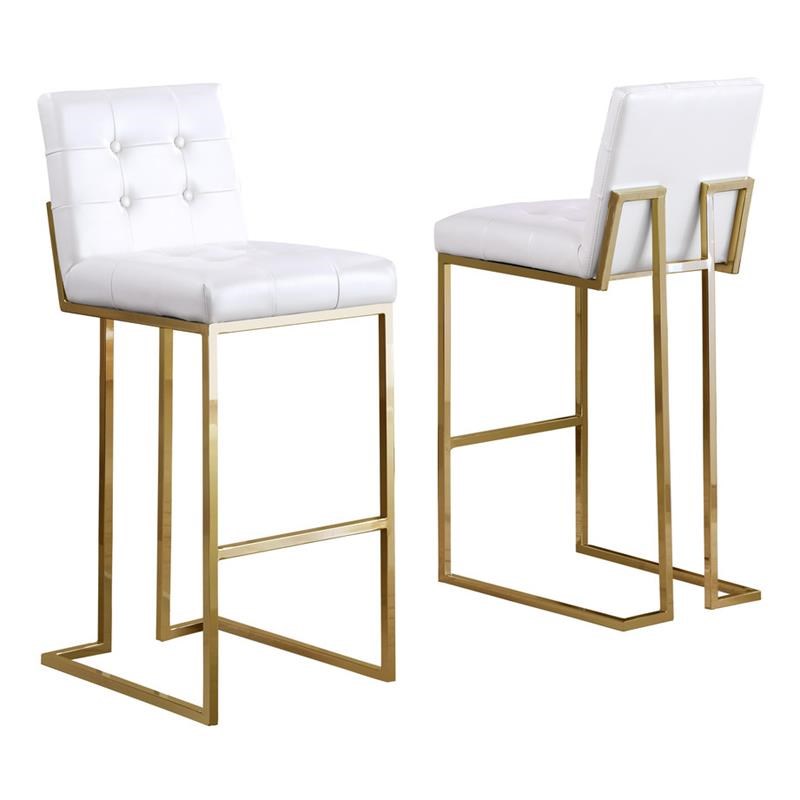 Barstools with Tufted Seats in White Faux Leather and Gold Chrome (Set of 2)