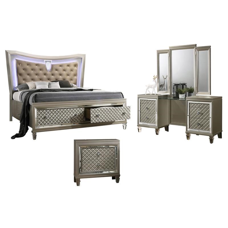 Champagne Silver Wood 3 Piece Set with Vanity and California King Bed