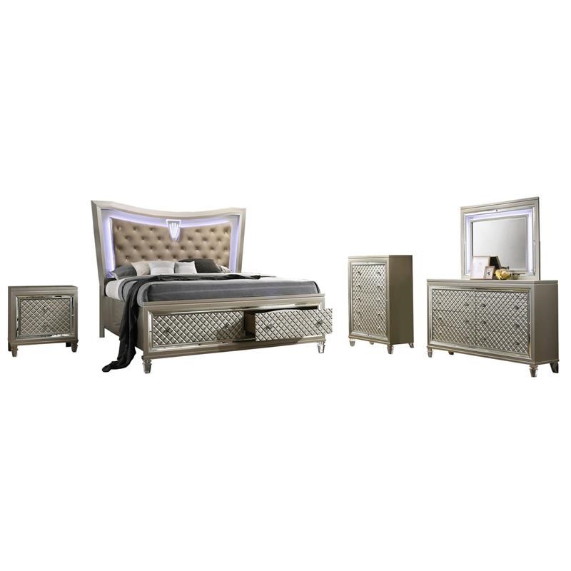 Champagne Silver Wood 5pc Bedroom Set in Queen Bed