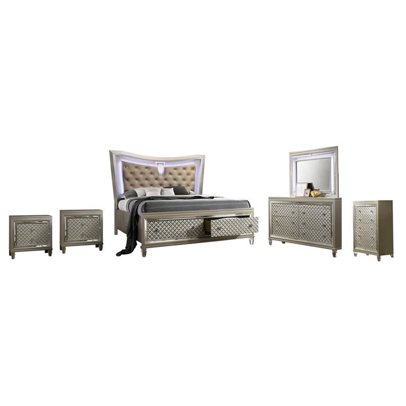 Champagne Silver Wood 6pc Bedroom Set in Queen Bed