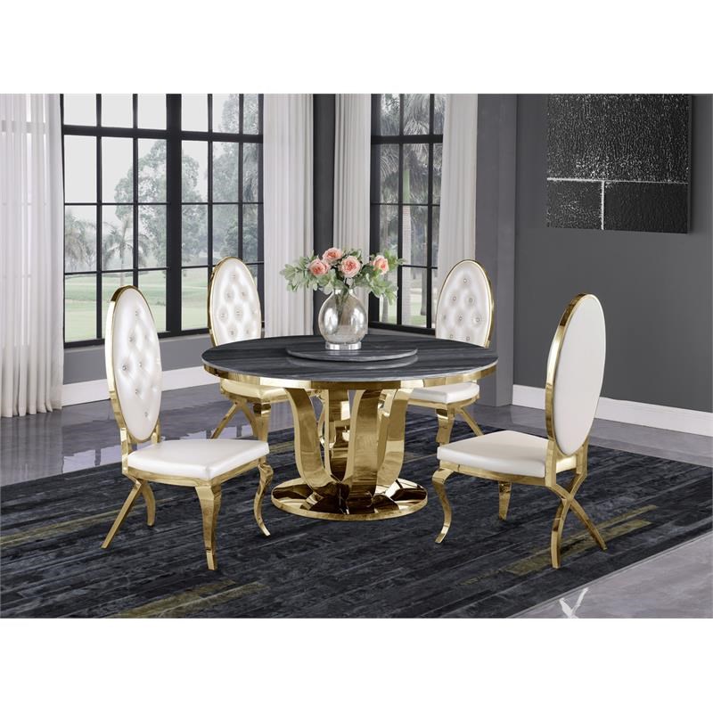 5pc. Dining Set with Gray Marble Table and White Faux Leather Chairs