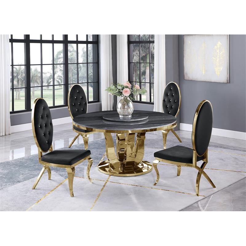 5pc. Dining Set with Gray Marble Table and Black Velvet Chairs