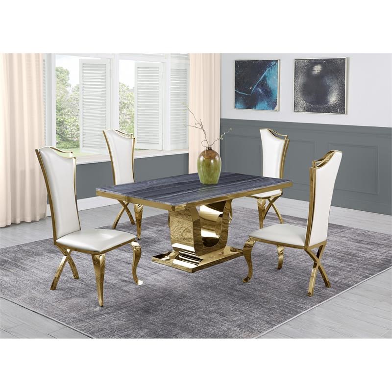 5pc. Dining Set with Gray Marble Table and White Faux Leather Chairs