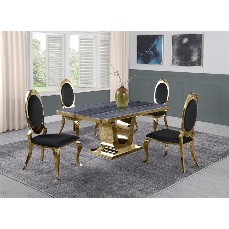 5pc. Dining Set with Gray Marble Table and Black Velvet Chairs