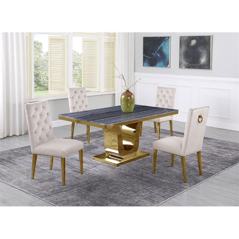 5pc. Dining Set with Gray Marble Table and Cream Velvet Chairs