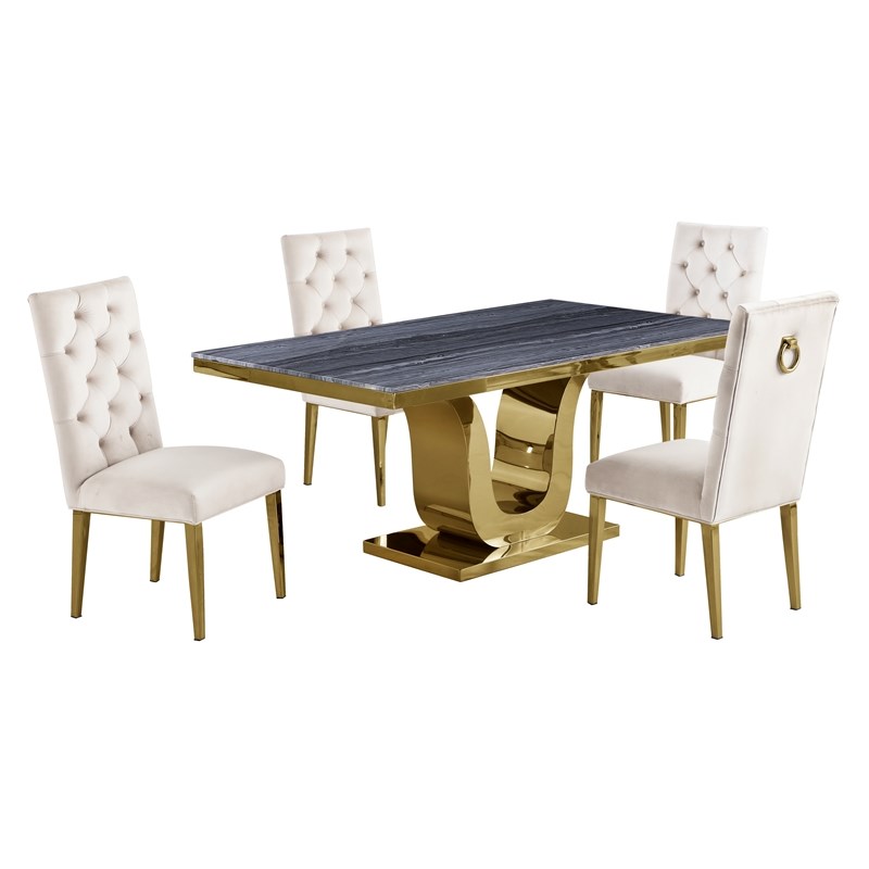 5pc. Dining Set with Gray Marble Table and Cream Velvet Chairs