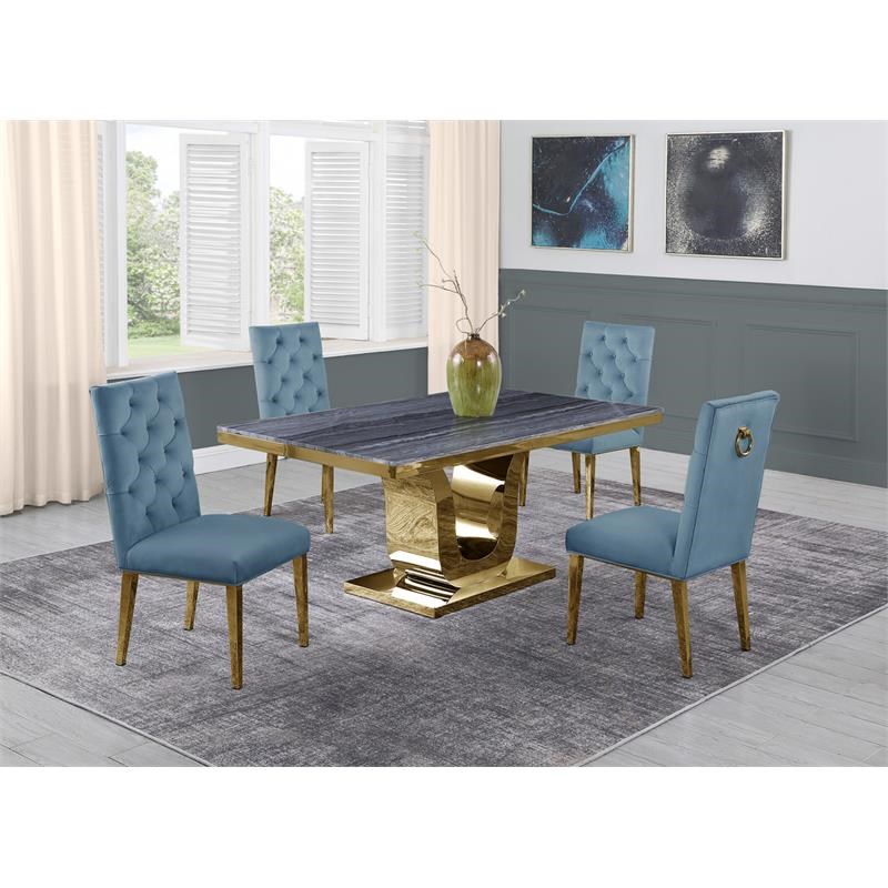 5pc. Dining Set with Gray Marble Table and Teal Velvet Chairs